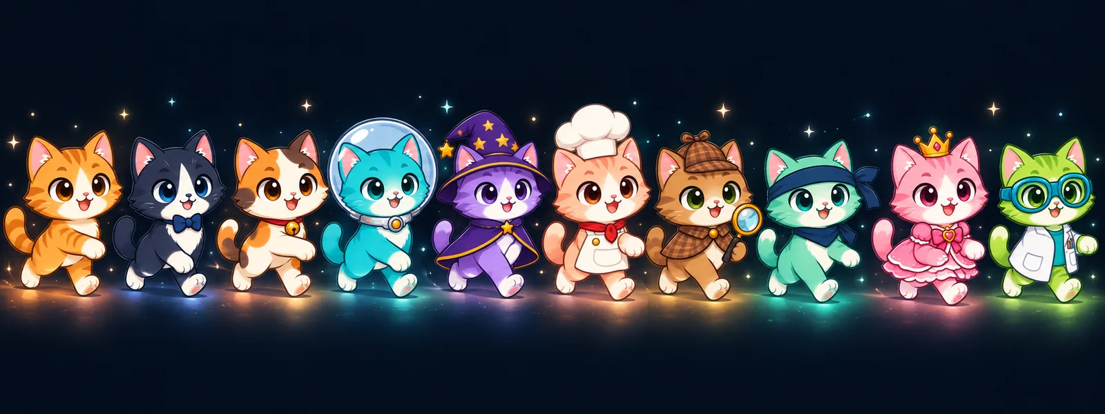 모자와 옷이 다른 여러 캐릭터가 나란히 걷는 그림